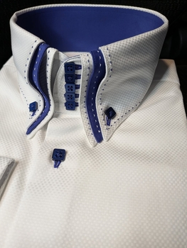 MorCouture White Blue Trim Triple Stitch High Collar Shirt 2