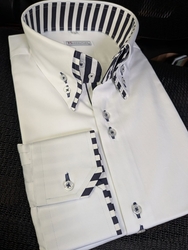MorCouture White Navy Stripe Double High Collar Shirt MorCouture White Navy Stripe Double High Collar Shirt