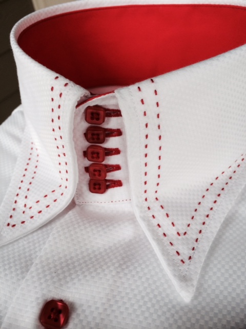 MorCouture White Red Stitch Centipede High Collar Shirt