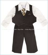 Fouger, Chocolate Pinstripe Vest Suit and Pants with Shirt and Tie (c)