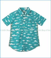 Hatley, S/S Shark Print Dress Shirt in Turquoise