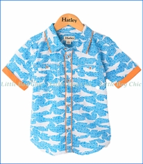 Hatley, Shark Alley Button Up Shirt in Blue