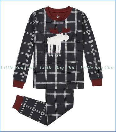 Petit Lem, Plaid Moose Appliqu Pajama Set in Grey