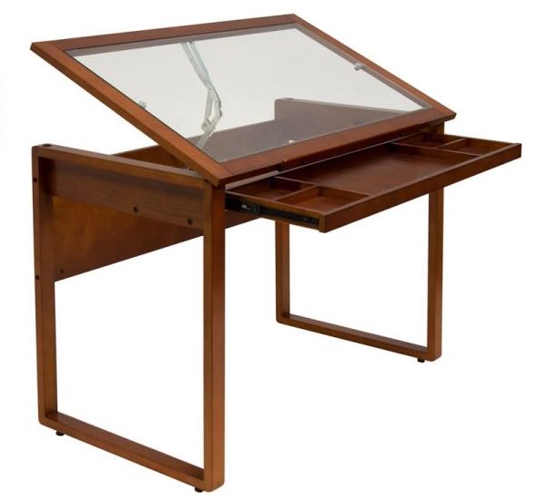Ponderosa Wood and Glass Drafting Table in Sonoma Brown/Clear Glass