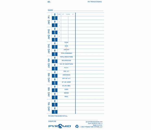 35100-10M3 Time Cards for Models 3000HD, 3500 & 3700 (3000 Pack) By Pyramid