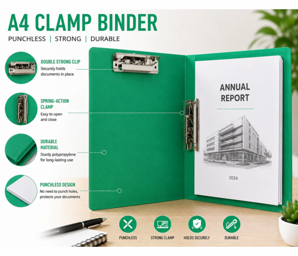 A4 Clamp Binder File Folder � Green | Double Strong Clip | Punchless Spring-Action Report Cover