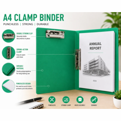 A4 Clamp Binder File Folder � Green | Double Strong Clip | Punchless Spring-Action Report Cover