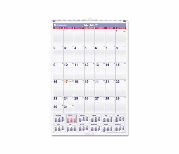 AAGPM428 Recycled Monthly Wall Calendar, Blue and Red, 20" x 30", 2013 By AT-A-GLANCE