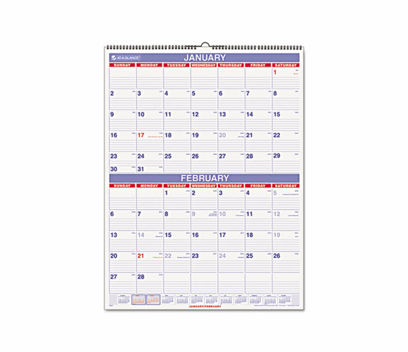 AAGPM928 Recycled Two-Month Wall Calendar, Blue and Red, 22" x 29", 2013 By AT-A-GLANCE