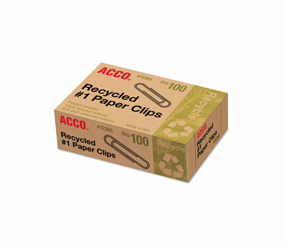 ACC72365 Recycled Paper Clips, No. 1 Size, 100/Box, 10 Boxes/Pack By ACCO BRANDS, INC.