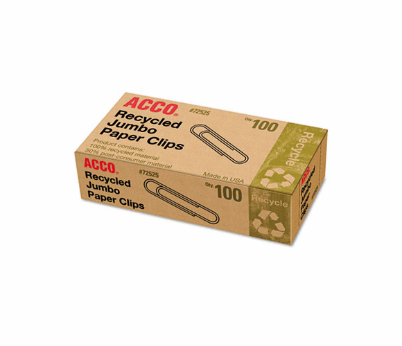ACC72525 Recycled Paper Clips, Jumbo, 100/Box, 10 Boxes/Pack By ACCO BRANDS, INC.