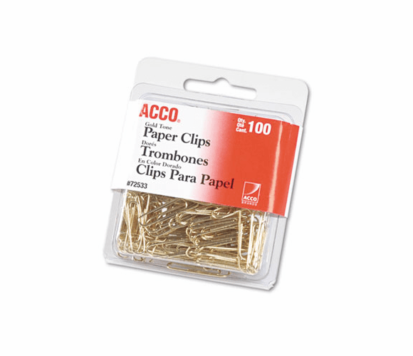 ACC72533 Paper Clips, Wire, No. 2, 1-1/8", Gold Tone, 100/Box By ACCO BRANDS, INC.