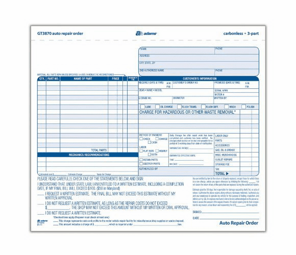 Adams Auto Repair Order Forms, 8.5 x 7.44 Inch, 3-Part, Carbonless, 50-Pack, White and Canary (GT3870)
