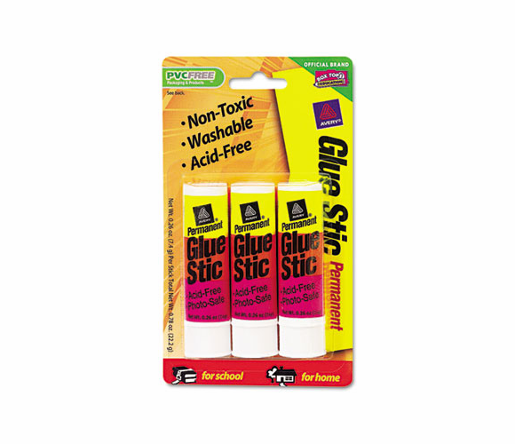 AVE00164 Clear Application Permanent Glue Stic, .26 oz, Stick, 3/PK By AVERY-DENNISON