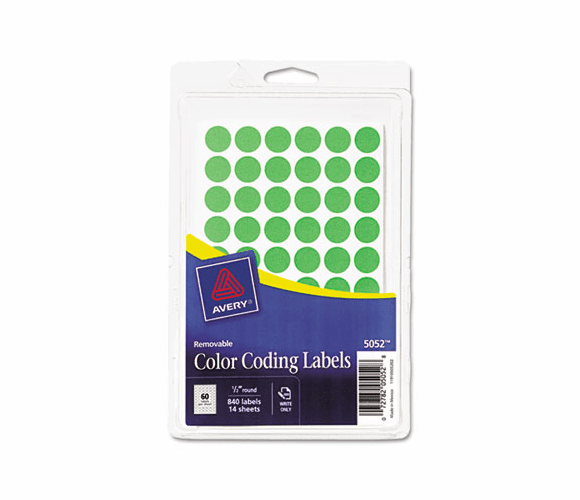 AVE05052 Removable Self-Adhesive Color-Coding Labels, 1/2in dia, Neon Green, 840/Pack By AVERY-DENNISON