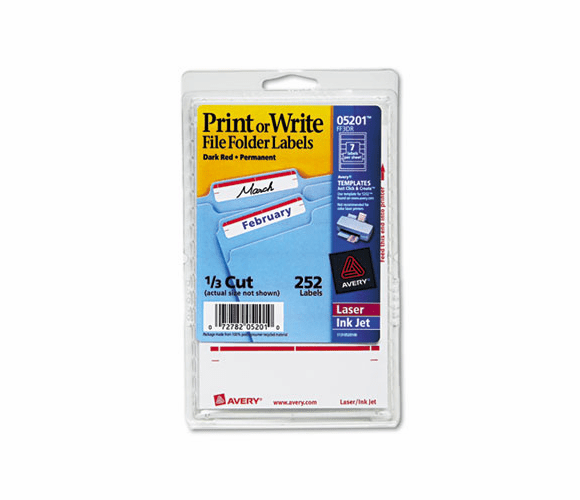 AVE05201 Print or Write File Folder Labels, 11/16 x 3-7/16, White/Dark Red Bar, 252/Pack By AVERY-DENNISON