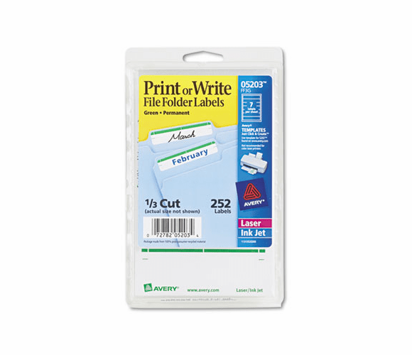 AVE05203 Print or Write File Folder Labels, 11/16 x 3-7/16, White/Green Bar, 252/Pack By AVERY-DENNISON
