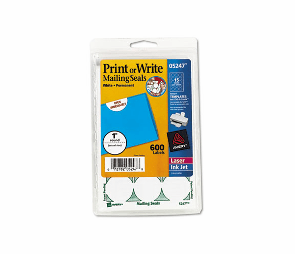 AVE05247 Print or Write Mailing Seals, 1in dia., White, 600/Pack By AVERY-DENNISON