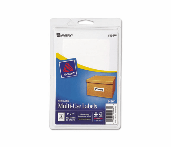 AVE05436 Print or Write Removable Multi-Use Labels, 1 x 3, White, 250/Pack By AVERY-DENNISON