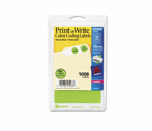 AVE05468 Print or Write Removable Color-Coding Labels, 3/4in dia, Neon Green, 1008/Pack By AVERY-DENNISON