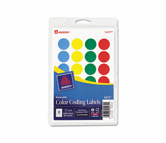 AVE05472 Print or Write Removable Color-Coding Labels, 3/4in dia, Assorted, 1008/Pack By AVERY-DENNISON