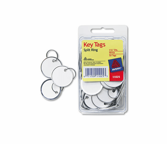 AVE11025 Metal Rim Key Tags, Card Stock/Metal, 1 1/4" Diameter, White, 50/Pack By AVERY-DENNISON