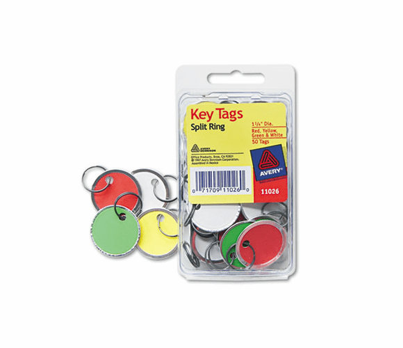 AVE11026 Metal Rim Key Tags, Card Stock/Metal, 1 1/4" Diameter, Assorted Colors, 50/Pack By AVERY-DENNISON