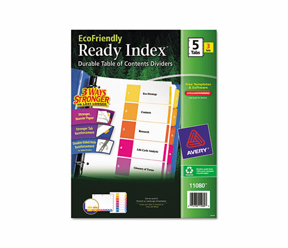 AVE11080 EcoFriendly Ready Index Table of Contents Divider, Multicolor 1-5, Letter, 3/PK By AVERY-DENNISON
