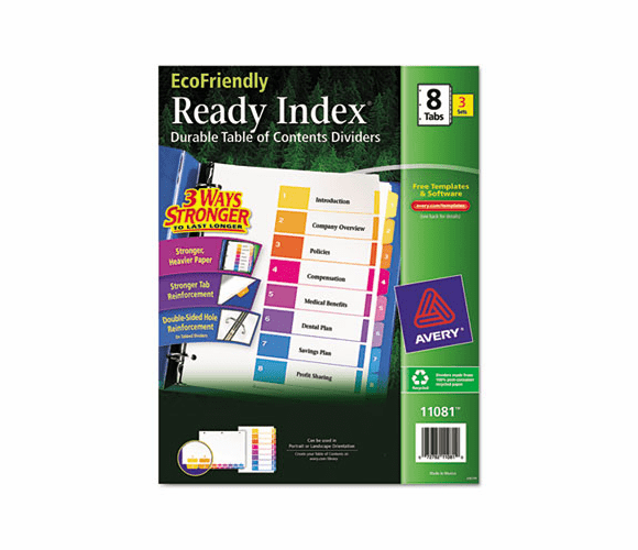 AVE11081 EcoFriendly Ready Index Table of Contents Divider, Multicolor 1-8, Letter, 3/PK By AVERY-DENNISON