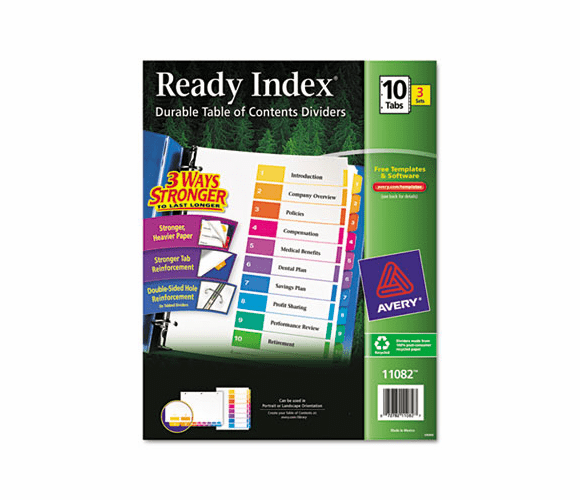 AVE11082 EcoFriendly Ready Index Table of Contents Divider, Multicolor 1-10, Letter, 3/PK By AVERY-DENNISON