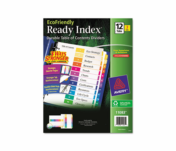 AVE11083 EcoFriendly Ready Index Table of Contents Divider, Multicolor 1-12, Letter, 3/PK By AVERY-DENNISON