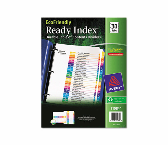 AVE11084 EcoFriendly Ready Index Table of Contents Divider, Multicolor 1-31, 11 x 8-1/2 By AVERY-DENNISON