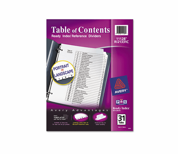 AVE11128 Ready Index Classic Tab Titles, 31-Tab, 1-31, Letter, Black/White, 31/Set By AVERY-DENNISON