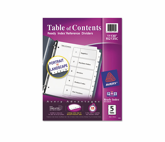 AVE11130 Ready Index Classic Tab Titles, 5-Tab, 1-5, Letter, Black/White, 5/Set By AVERY-DENNISON
