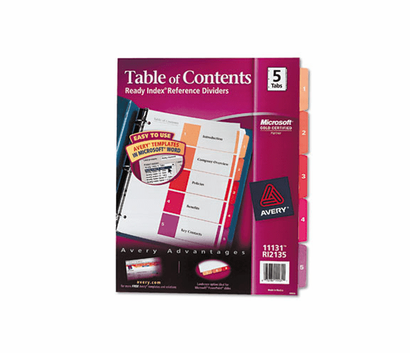 AVE11131 Ready Index Contemporary Table of Contents Divider, 1-5, Multi, Letter By AVERY-DENNISON