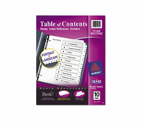 AVE11134 Ready Index Classic Tab Titles, 10-Tab, 1-10, Letter, Black/White, 10/Set By AVERY-DENNISON