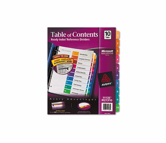AVE11135 Ready Index Contemporary Table of Contents Divider, 1-10, Multi, Letter By AVERY-DENNISON
