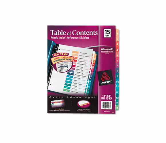 AVE11143 Ready Index Contemporary Table of Contents Divider, 1-15, Multi, Letter By AVERY-DENNISON