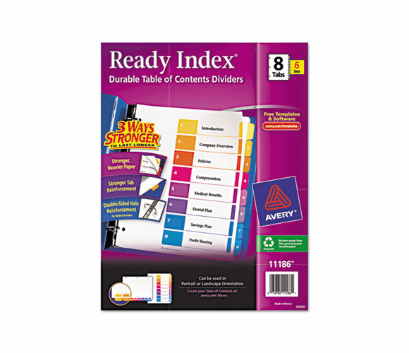 AVE11186 Ready Index Contemporary Contents Divider, 1-8, Multicolor, Letter, 6 Sets By AVERY-DENNISON