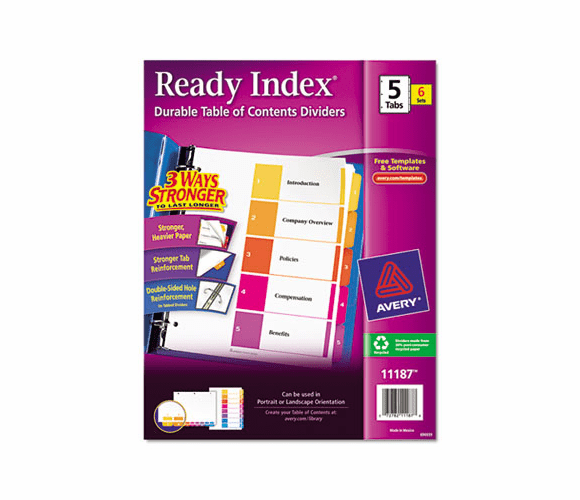 AVE11187 Ready Index Contemporary Contents Divider, 1-5, Multicolor, Letter, 6 Sets By AVERY-DENNISON