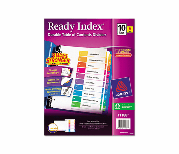 AVE11188 Ready Index Contemporary Contents Divider, 1-10, Multicolor, Letter, 6 Sets By AVERY-DENNISON