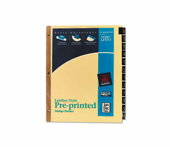 AVE11351 Gold Reinforced Leather Tab Dividers, 12-Tab, Jan-Dec, Letter, Black, 12/Set By AVERY-DENNISON