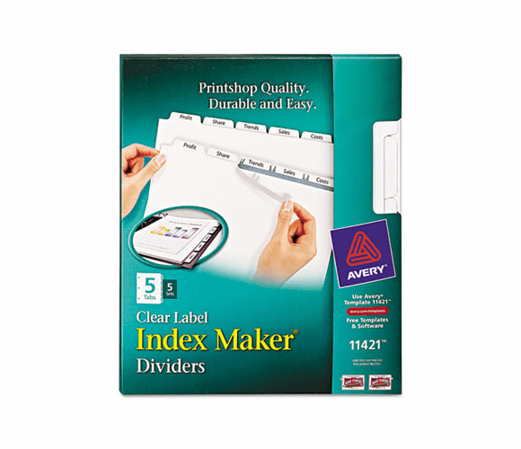 AVE11421 Index Maker White Dividers For Copiers, 5-Tab, Letter, Clear, 5 Sets/Pack By AVERY-DENNISON