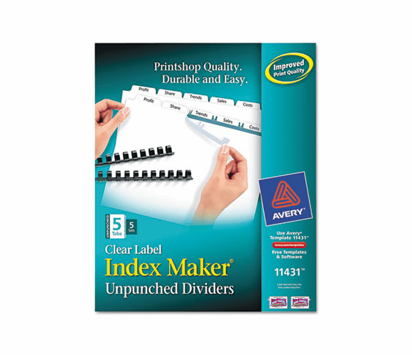 AVE11431 Index Maker Clear Label Unpunched Divider, 5-Tab, Letter, White, 5 Sets By AVERY-DENNISON