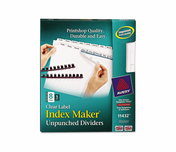 AVE11432 Index Maker Clear Label Unpunched Divider, 8-Tab, Letter, White, 5 Sets By AVERY-DENNISON