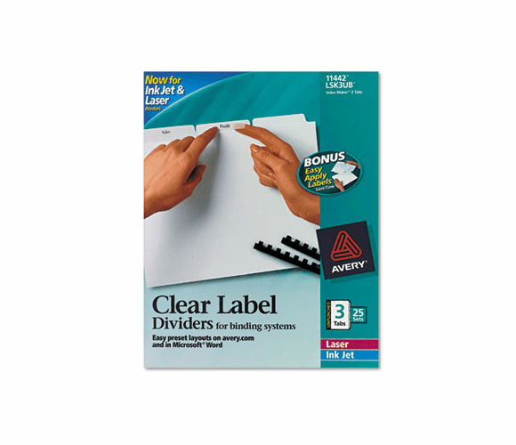 AVE11442 Index Maker Clear Label Unpunched Divider, 3-Tab, Letter, White, 25 Sets By AVERY-DENNISON