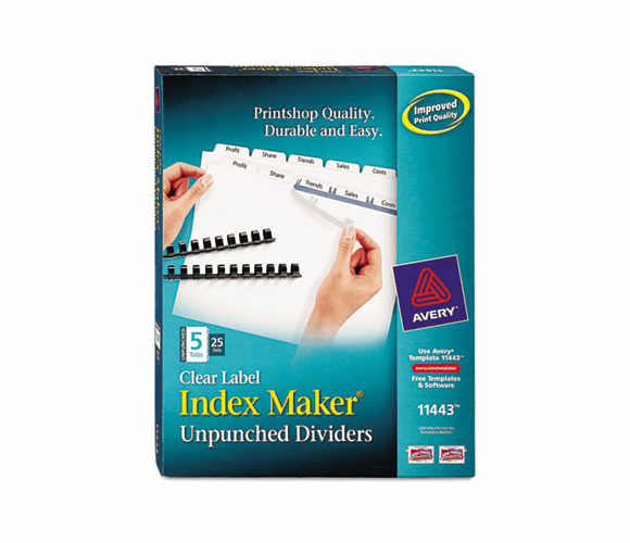 AVE11443 Index Maker Clear Label Unpunched Divider, 5-Tab, Letter, White, 25 Sets By AVERY-DENNISON