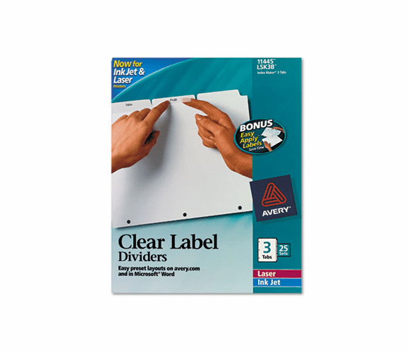 AVE11445 Index Maker Clear Label Dividers, 3-Tab, Letter, White, 25 Sets By AVERY-DENNISON