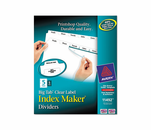 AVE11492 Index Maker with Big Tab, 11x8-1/2, 5-Tab, White, 5 Sets/Pack By AVERY-DENNISON