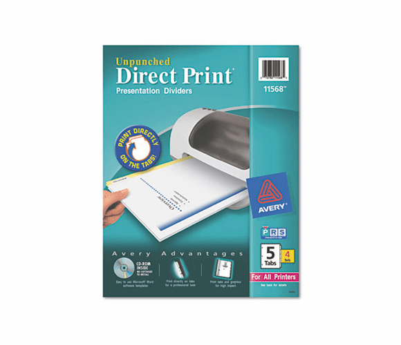 AVE11568 Direct Print Unpunched Presentation Dividers, 5-Tab, Letter, White, 4 Sets/Pack By AVERY-DENNISON